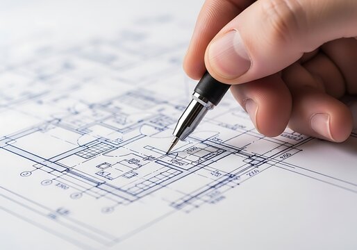 Architectural Blueprint Drawing Hand with Pen on Paper.