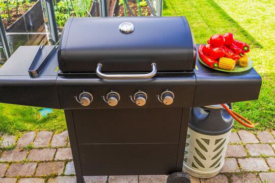 Close-up view of preheating gas grill with fresh vegetables for barbecue cooking. Sweden.