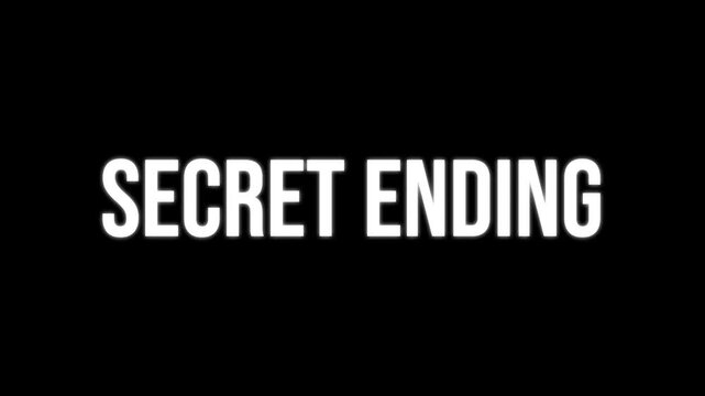 Secret Ending text animation, kinetic typography glitch effect. Animated white letters chaotic assembly on black background. Gaming easter egg intro, cinematic alternative final title.