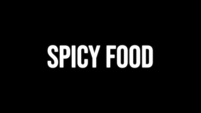 Spicy Food text animation, kinetic typography glitch effect. Animated white letters chaotic assembly on black background. Culinary blog intro, hot chili challenge video title.