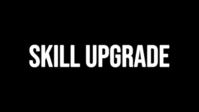 Skill Upgrade text animation, kinetic typography glitch effect. Animated white letters chaotic assembly on black background. Online education intro, gaming level up title.