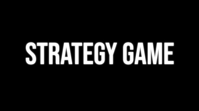 Strategy Game text animation, kinetic typography glitch effect. Animated white letters chaotic assembly on black background. Gaming intro, tactical video game review title.