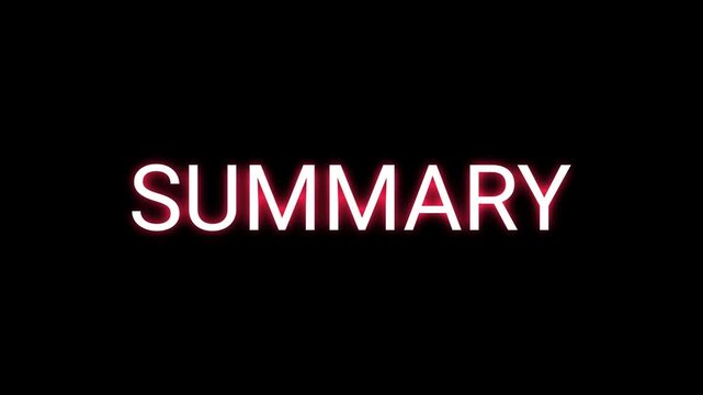 Summary text animation, kinetic typography glitch effect. Animated white letters chaotic assembly on black background. Business presentation intro, video conclusion title design.