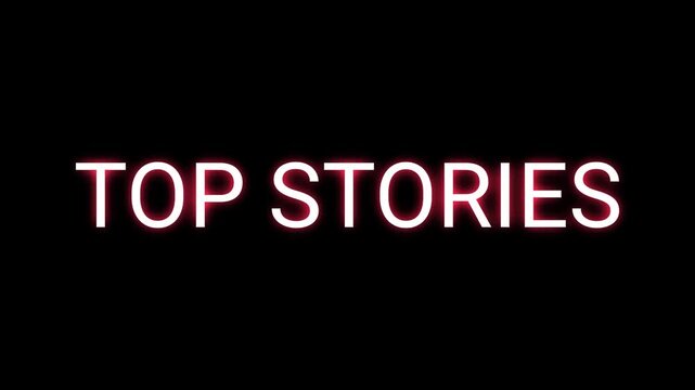 Top Stories text animation, kinetic typography glitch effect. Animated white letters chaotic assembly on black background. Media intro, news broadcast title, dynamic call to action.