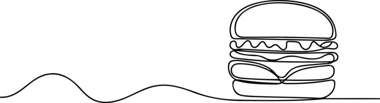 Single line burger drawing with bun lettuce tomato and patty in clean minimalist monochrome hand drawn illustration style composition