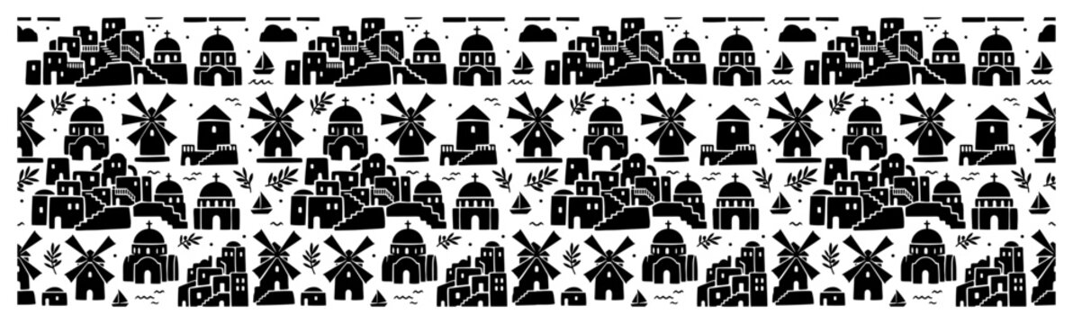 Santorini Greek island architecture and windmills horizontal border pattern in silhouette style