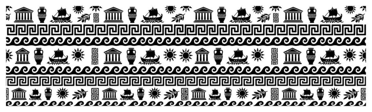 Ancient Greek mythology and culture icons horizontal border pattern in silhouette style