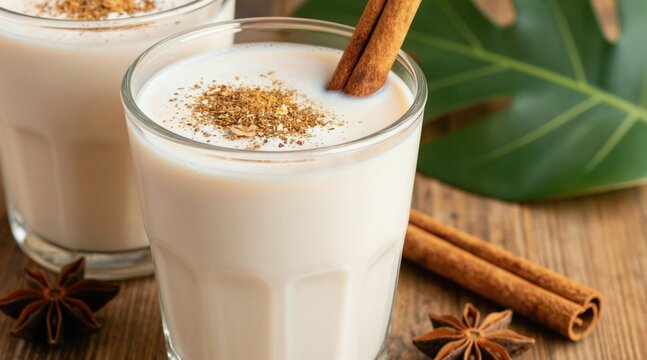 Creamy coquito drink in glass with cinnamon stick and spice topping. Festive beverage served chilled on wooden table. Coconut milk and rum cocktail garnished for party.