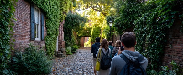 Obraz premium Friends practicing photography stroll cobblestones like hunters chasing sunbeam sparks through ivy.