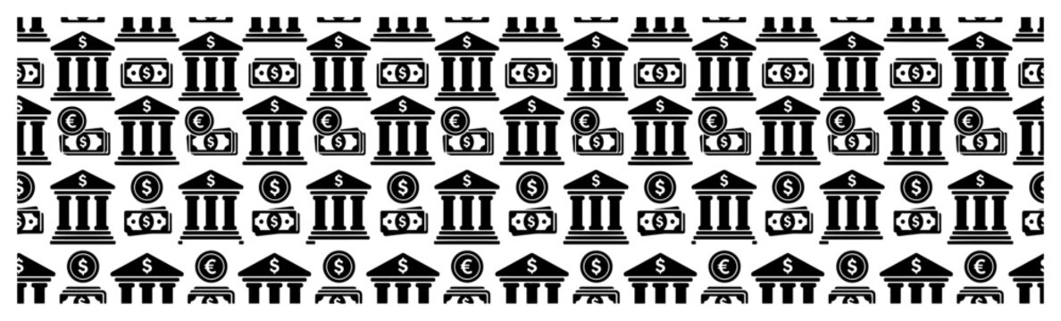 Bank buildings and currency symbols in seamless financial pattern