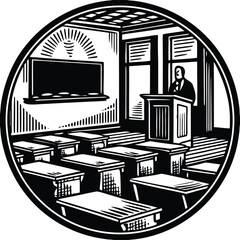 Naklejka premium Black and white, classroom, education, illustration, teacher at podium, empty desks, vector