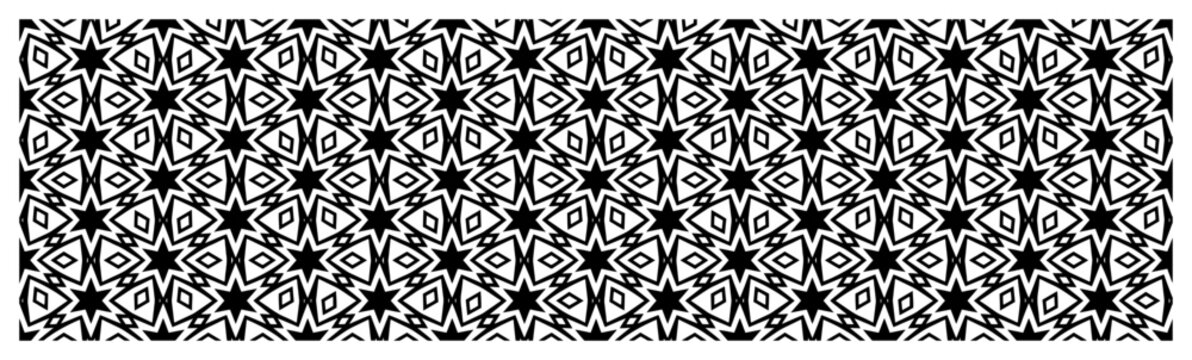 Geometric star pattern background inspired by traditional Islamic architecture in black and white