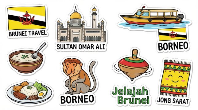 colorful brunei sticker set featuring national flag landmarks traditional food and cultural icons cartoon style