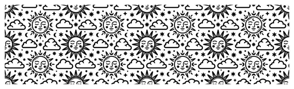 Celestial sun moon and stars pattern with smiling sun faces in line art style