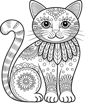 Cat mandala coloring page vector illustration featuring intricate floral patterns cute kitten line art detailed zentangle drawing isolated on white background therapeutic design template