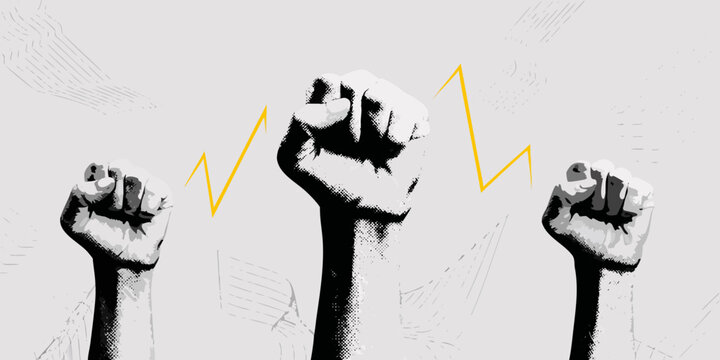 raised fists illustration with lightning bolts graphic design
