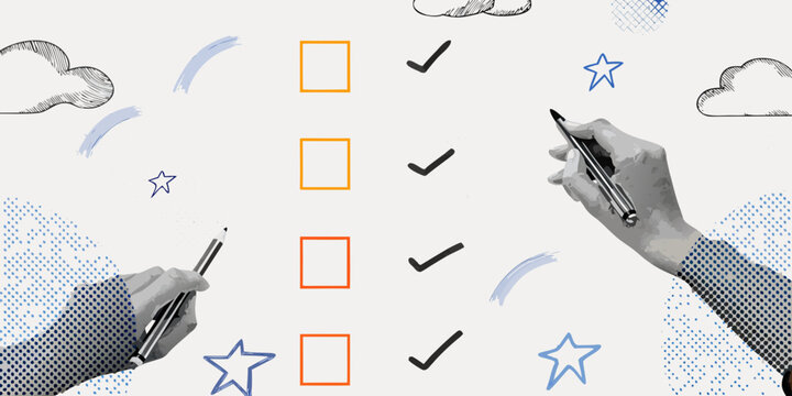 hands checking boxes with pens collage style illustration