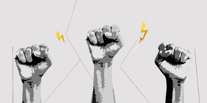 three clenched fists with lightning bolts graphic illustration