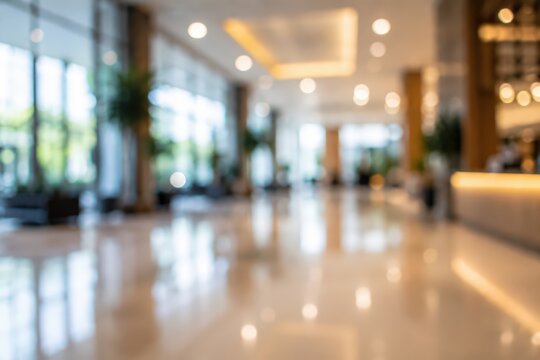 Abstract blurred hotel lobby interior luxury office building entrance hall spacious reception area modern architectural design bokeh background