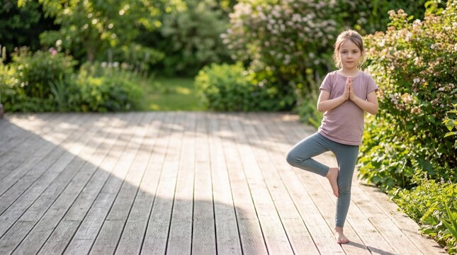 cute caucasian little girl practicing yoga tree pose on wooden terrace outdoors. kids mindfulness, healthy active lifestyle in nature. copyspace, banner, website header.