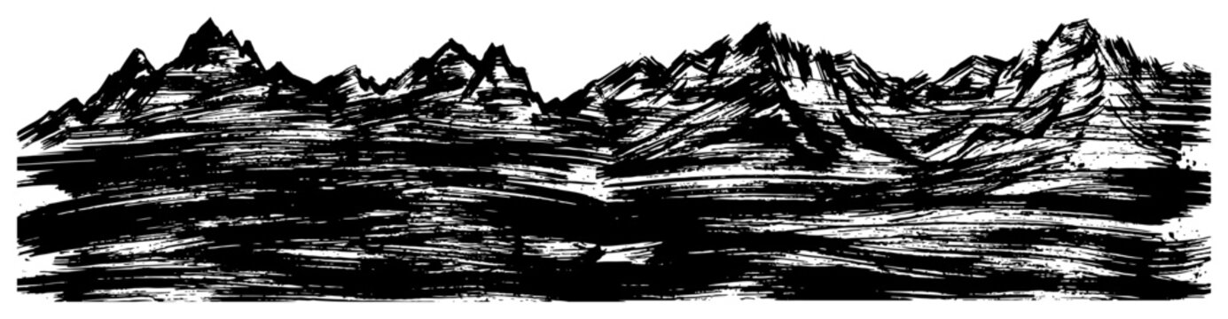 Mountain range peaks panorama in artistic grunge woodcut style
