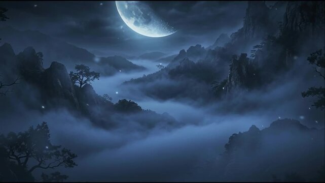Serene crescent moon shining over misty mountains and winding river at night.