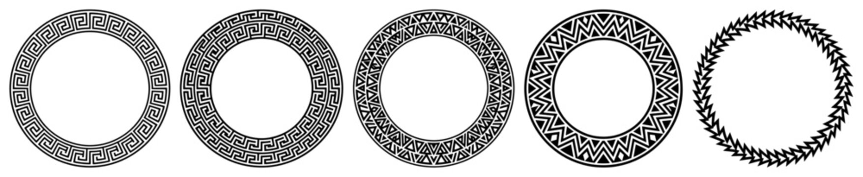 Circular badge frames with classical geometric meander and wreath patterns in minimalist line art
