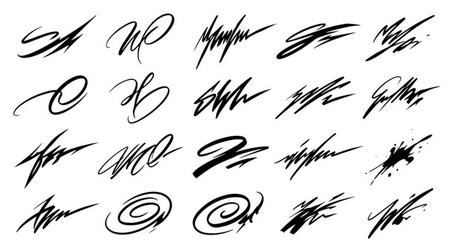 Abstract hand drawn ink signatures and scribbles collection in black and white style