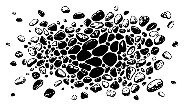 Scattered river stones and smooth pebbles forming a natural textured background in monochrome graphic style