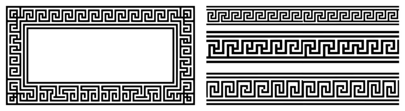 Greek meander decorative border frames and seamless geometric patterns in classical linear style