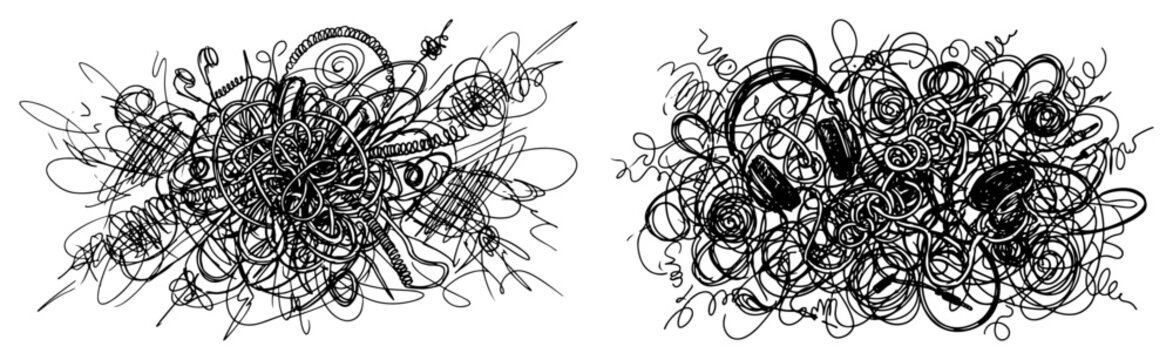 Tangled electronic wires with headphones and cables in messy doodle sketch style