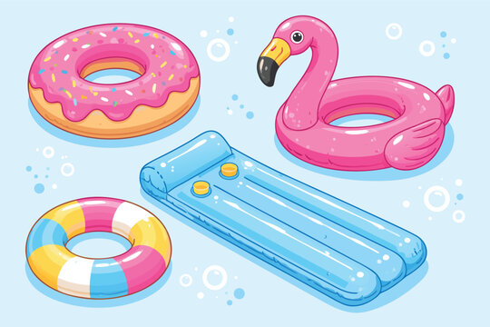 Vibrant flat vector collection of inflatable pool toys featuring a pink flamingo floaty, chocolate glazed donut ring, blue striped mattress, and colorful swim circles for summer fun.