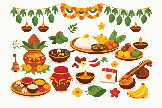 Vibrant Ugadi festival elements set featuring traditional symbols of Telugu and Kannada New Year celebration like mango leaves kalash and festive decorations in a clean flat vector style art.