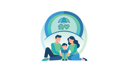 Fototapeta premium Stylized flat vector illustration of a happy family sitting under a protective shield, representing life insurance, safety, and security for home, health, and loved ones on white background.