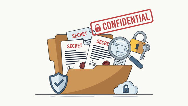 Confidential Data Security Concept with Secret Documents in a Folder, Padlock, Shield, and Magnifying Glass. Flat Vector Illustration for Business Information Protection and Privacy Management