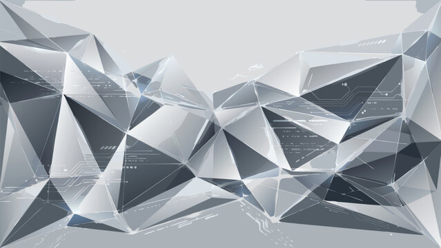 Abstract Silver and Grey Low Poly Polygon Mesh Backgrund with Futuristic Digita Aesthetic, Sleek Geometri 3D Network Design for Tecnology, Science, Innovatio, and Modern Corporate Brading.