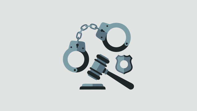 Flat Vector Illustration of Handcuffs, Judge's Gavel,and Police Badge Representng Crime, Punishment, Law,and Justice System on a Liht Clean Background for Leal and Judicial Concepts.