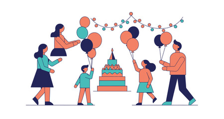 Fototapeta premium Family celebrating with birthday cake and balloons on transparent background