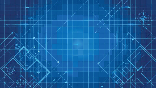 Blue Abstract Blueprint Background Featuring Technical Grid Lines, Architectural Floor Plans, Engineering Schematics, Compass Rose, and Glowing Light Effects for Construction and Design.