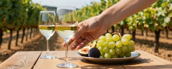 Obraz premium Hand picks glass of white wine at table with grapes figs in vineyard during sunny midday. Two glasses wine sit on wood table. Grapevine rows stretch far back.