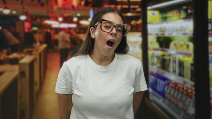Obraz premium Young woman blows kiss with hand in restaurant building aisle, wearing white t shirt and large glasses; playful affection.