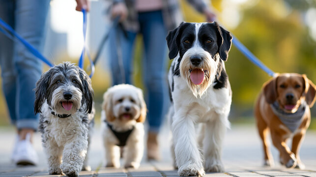 Dog walker managing several dogs as part of a pet care side hustle, freelance pet business, urban dog walking, faceless, defocused park, with copy space