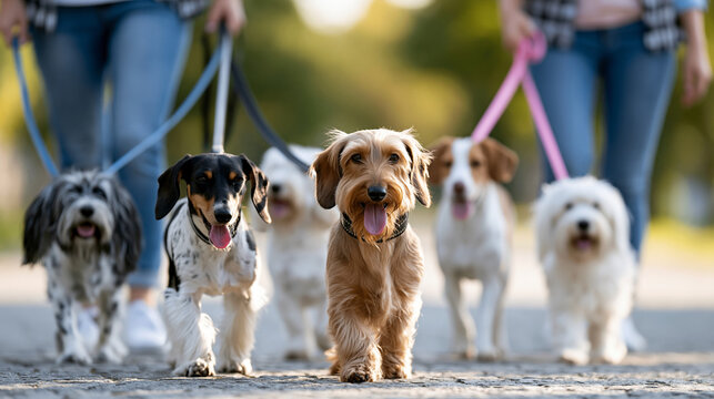 Dog walker managing several dogs as part of a pet care side hustle, freelance pet business, urban dog walking, faceless, defocused park, with copy space