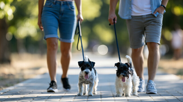 Two people walking dogs on leashes along a paved city park path, daily routine and friendship, urban pet lifestyle, faceless, defocused trees, with copy space