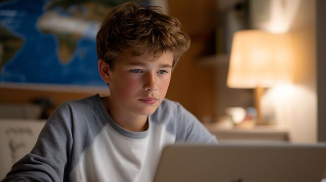 Teen boy in a modest home bedroom uses a personalized AI education platform that adjusts quiz difficulty in real time, expression shifting from frustrated to confident, warm indoor desk lamp,