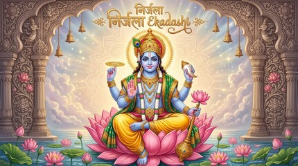 Fototapeta premium Lord Vishnu sitting on lotus for Nirjala Ekadashi festival banner