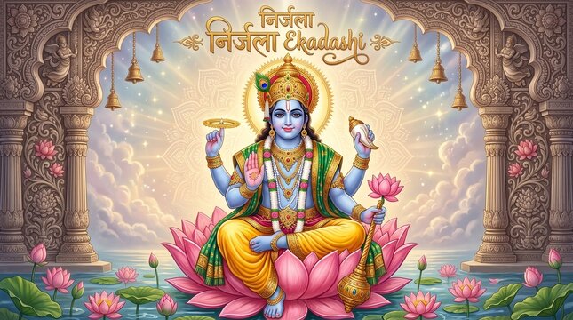Lord Vishnu sitting on lotus for Nirjala Ekadashi festival banner