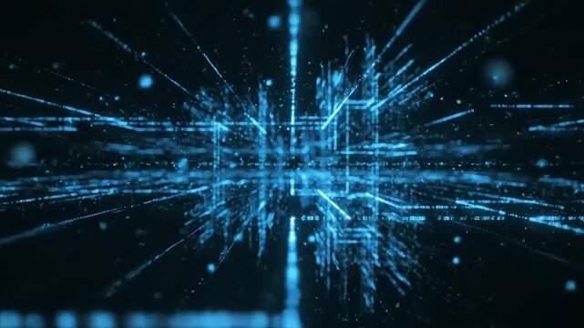 Futuristic Blue Digital Data Grid Network Abstract Technology Background.