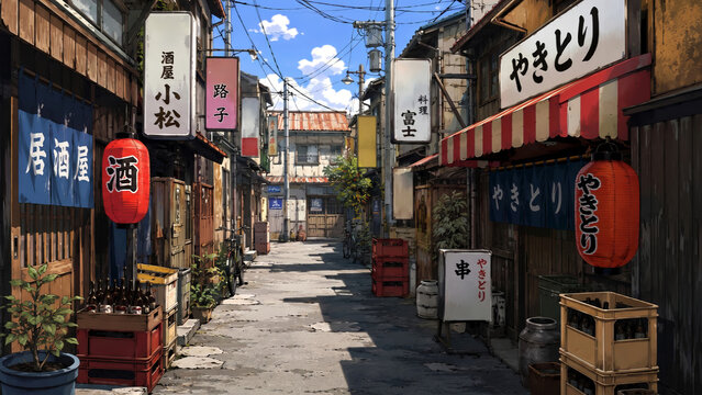 Japan Street in Tokyo City with Retro Izakaya Restaurants and Japanese Lanterns