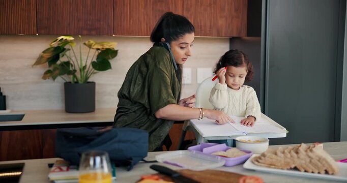 Phone call, mom and child in home for getting ready, busy and morning routine with lunch. Helping, multitasking and woman or single parent with kid for nursery preparation, work and packing bag
